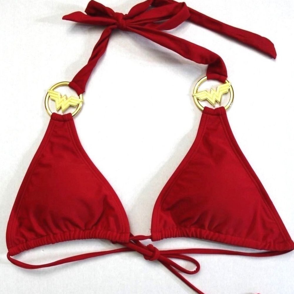 DC Comics Wonder Woman Halter Straps Triangle Plunge Swim Top Red